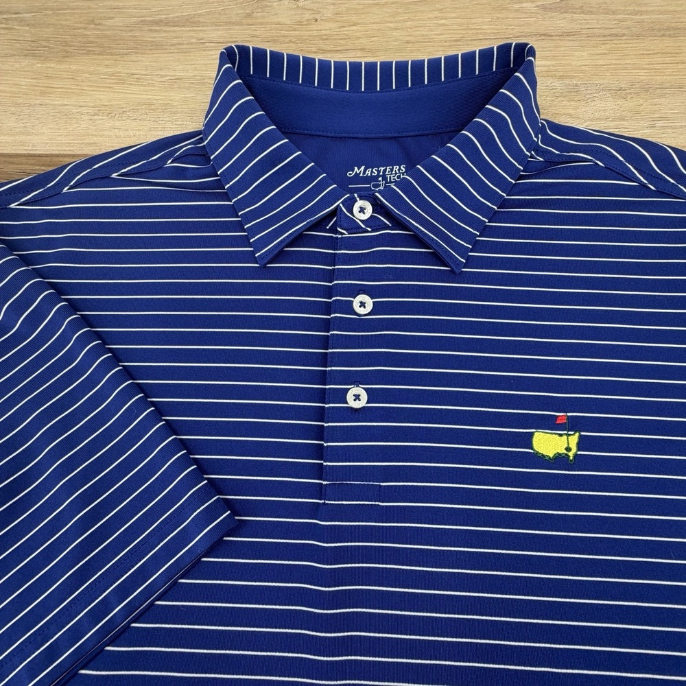 Masters Tech Polo Shirt Men Large Blue Stripe Augusta Performance Stretch Golf